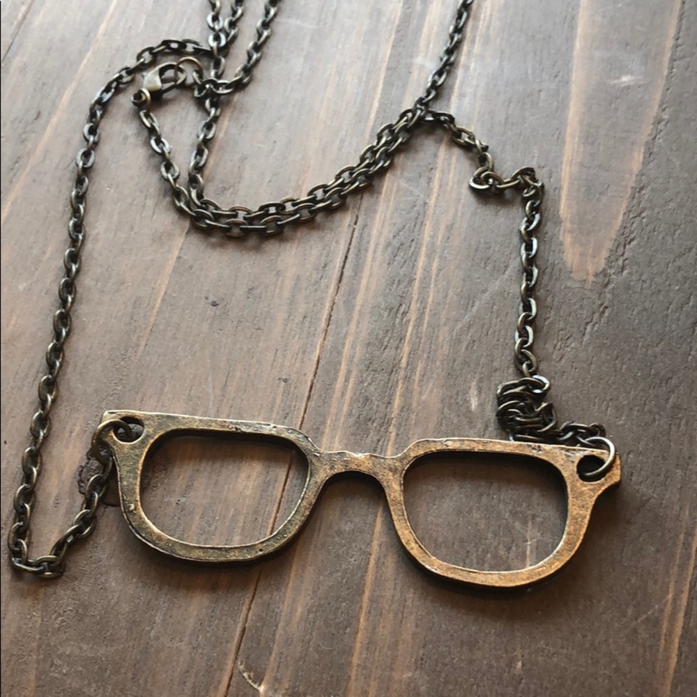 Antique brass necklace with glasses charm